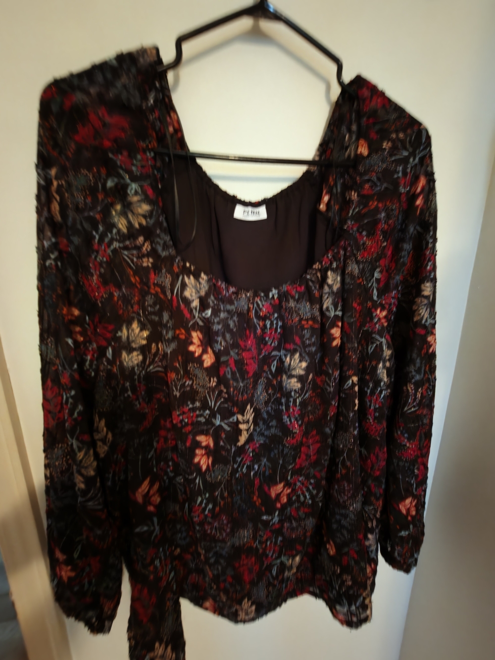 Penningtons Black Floral Long-Sleeve Blouse with Red & Cream Accents